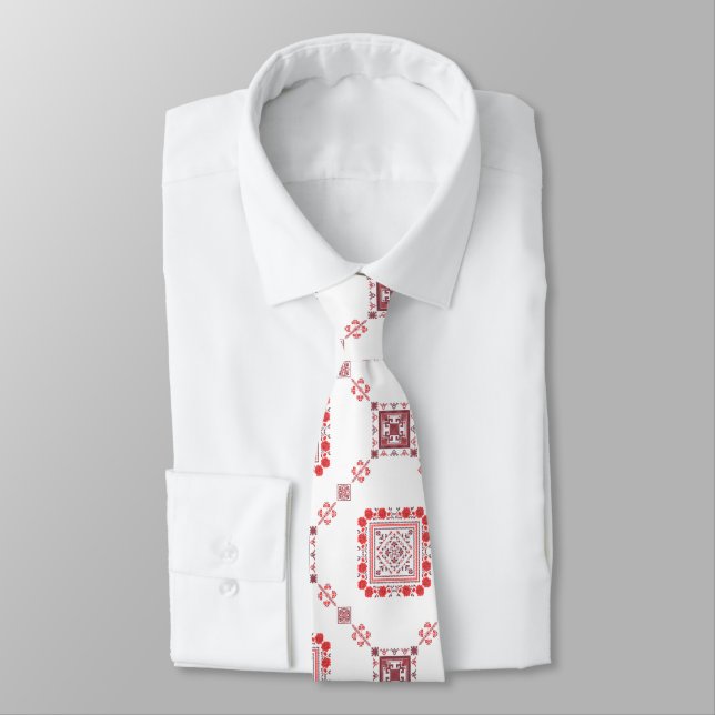 Red Floral Tatreez Henna Thobe Dress Neck Tie (Tied)
