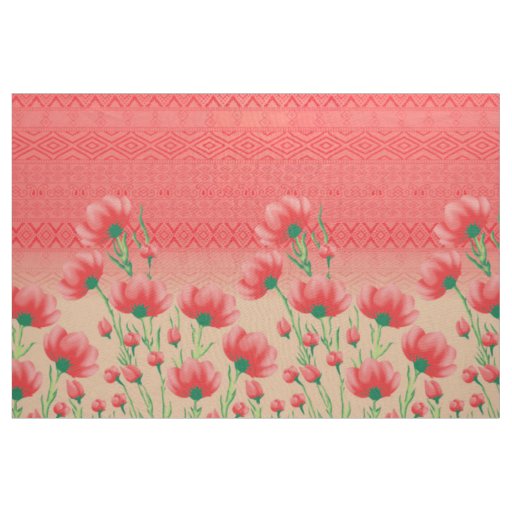 Red Floral Textile | Geometric Poppy Print Fabric