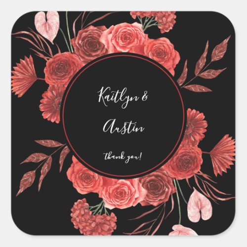 Red Floral Thank You _ Black Square Sticker
