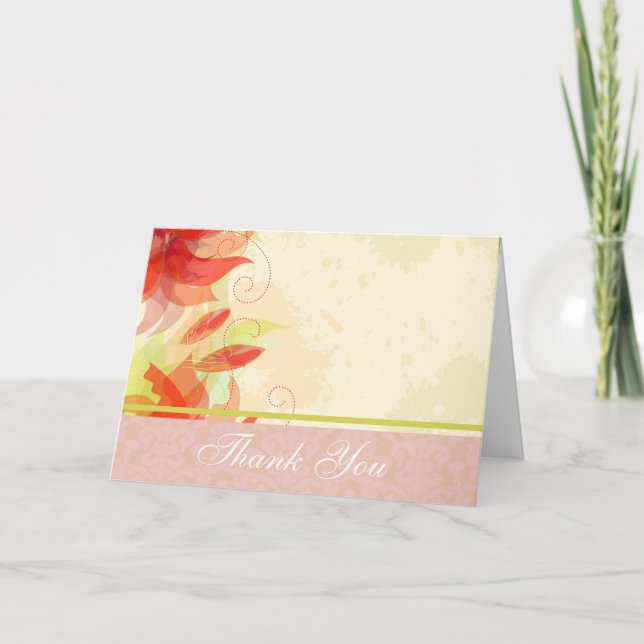 Red Floral Thank You Card With Damask (Front)