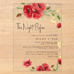 Red Floral The Night Before Rehearsal Dinner Acrylic Invitations