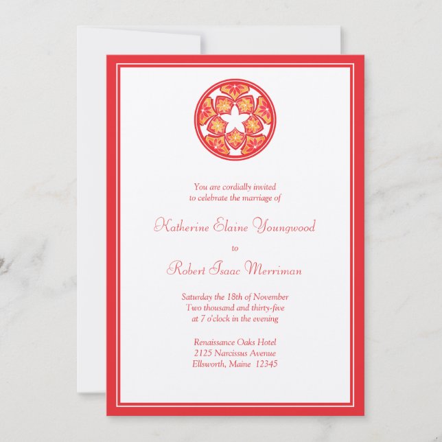 Red Floral Tiles Wedding Invitation (Front)