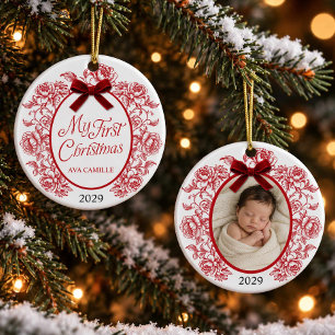 Red Floral Toile Baby First Christmas Ornament