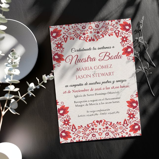 Red Floral Traditional Folk Art Spanish Wedding Invitation (Red Floral Traditional Folk Art Spanish Wedding Invitation)