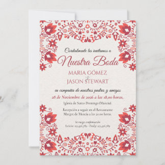 Red Floral Traditional Folk Art Spanish Wedding Invitation