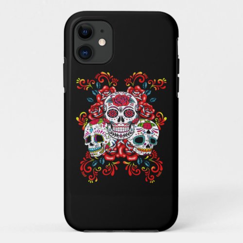 Red Floral Triple Sugar Skull Day Of The Dead iPhone 11 Case