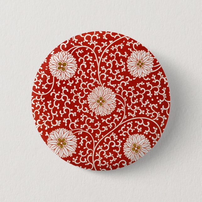 Red Floral Vibrant Ornate Classic Pattern Button (Front)
