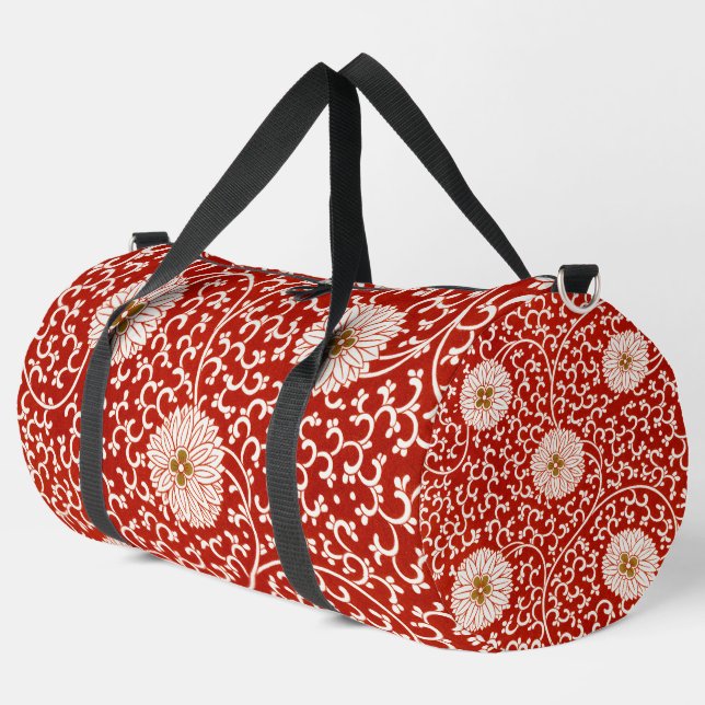 Red Floral Vibrant Ornate Classic Pattern Duffle Bag (Left Corner)