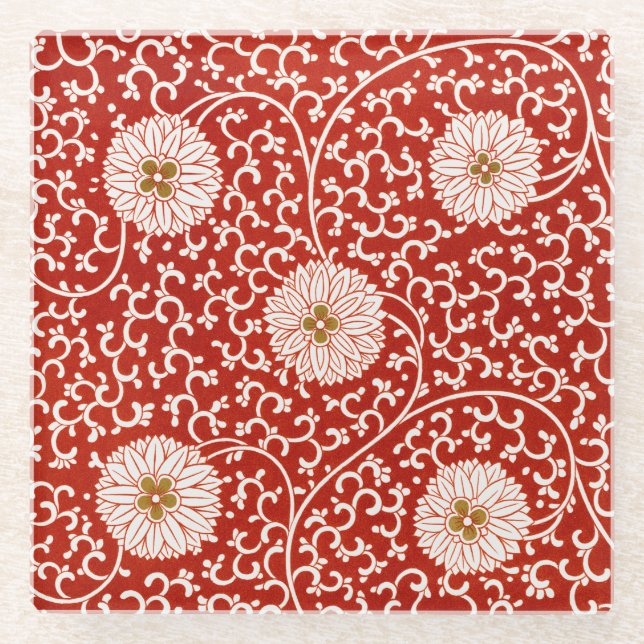 Red Floral Vibrant Ornate Classic Pattern Glass Coaster (Front)