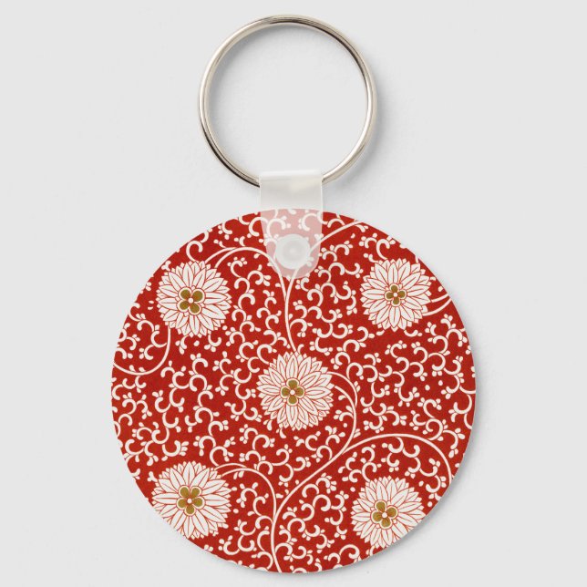Red Floral Vibrant Ornate Classic Pattern Keychain (Front)
