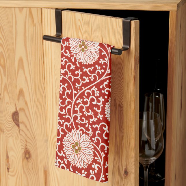 Red Floral Vibrant Ornate Classic Pattern Kitchen Towel (Thirds Fold)