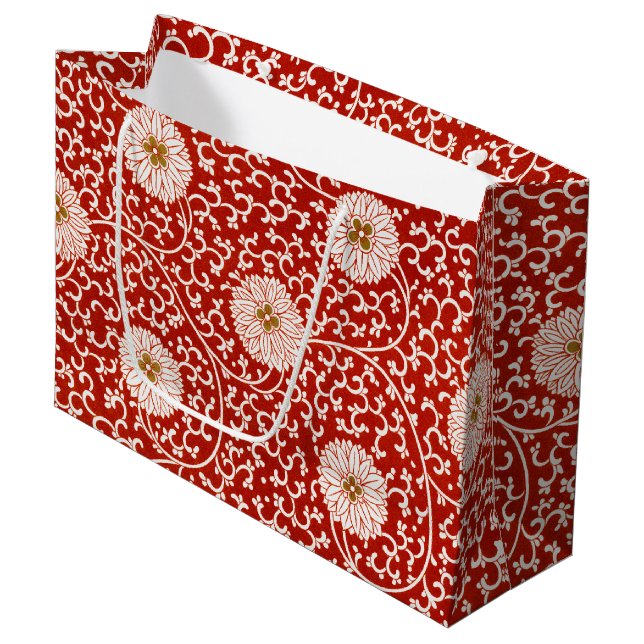 Red Floral Vibrant Ornate Classic Pattern Large Gift Bag (Front Angled)