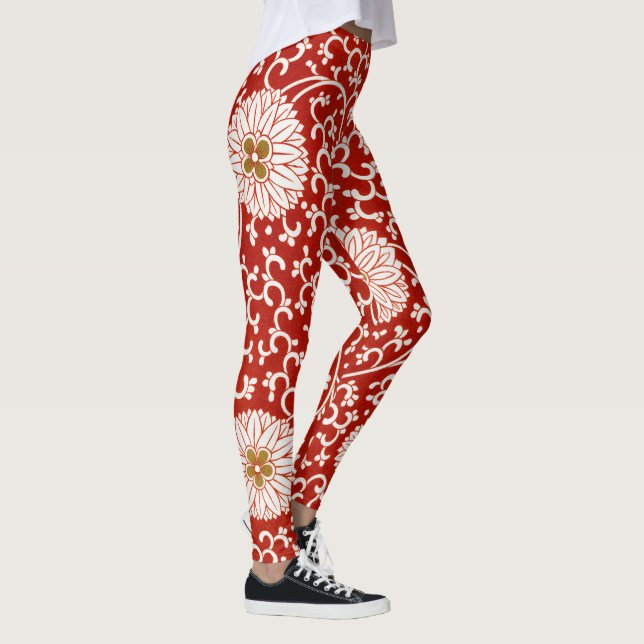 Red Floral Vibrant Ornate Classic Pattern Leggings (Right)