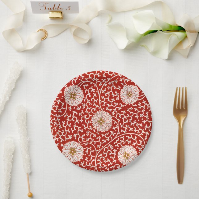 Red Floral Vibrant Ornate Classic Pattern Paper Plates (Wedding)