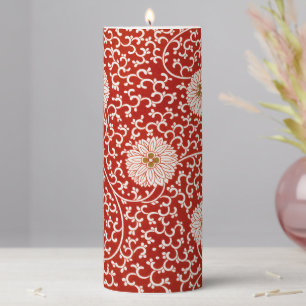 Red Floral Vibrant Ornate Classic Pattern Pillar Candle