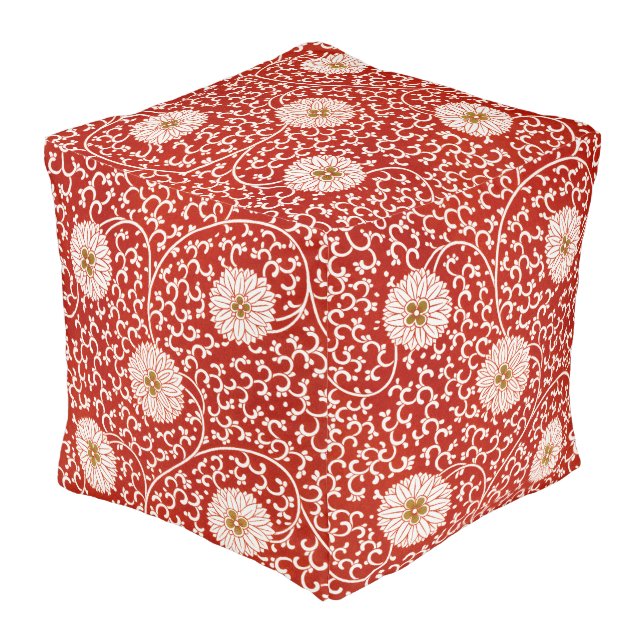 Red Floral Vibrant Ornate Classic Pattern Pouf (Angled Back)