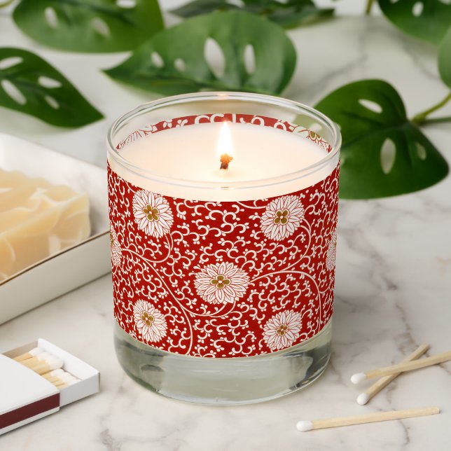 Red Floral Vibrant Ornate Classic Pattern Scented Candle (Lit)