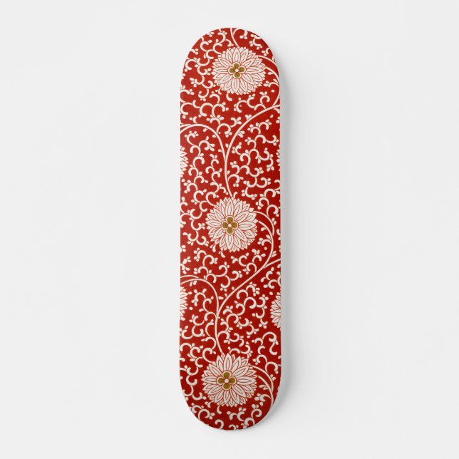 Red Floral Vibrant Ornate Classic Pattern Skateboard (Front)