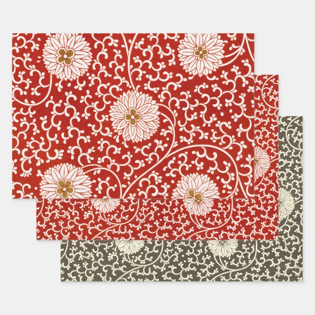 Red Floral Vibrant Ornate Classic Pattern Wrapping Paper Sheets (Set)