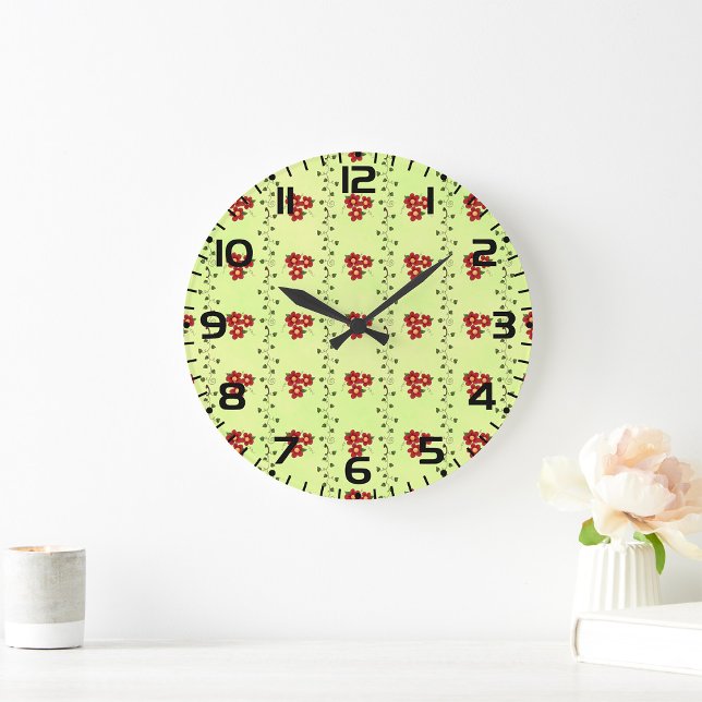 Red Floral Vine Pattern on Light Green Large Clock (Creator Uploaded)