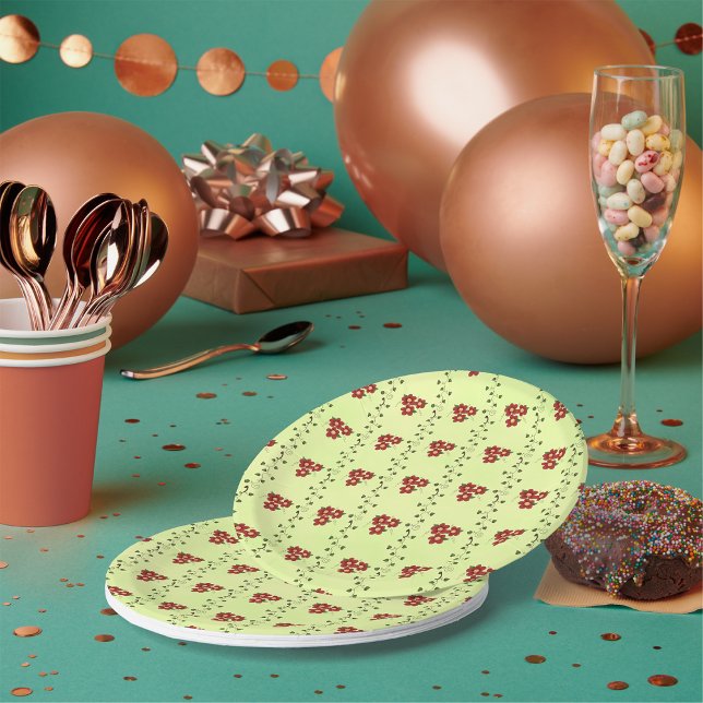 Red Floral Vine Pattern on Light Green Paper Plates (Creator Uploaded)