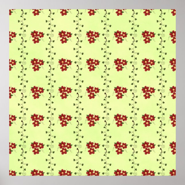 Red Floral Vine Pattern on Light Green Poster (Front)