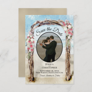 Red Floral Watercolor Beach Arbor & Photo Wedding Save The Date
