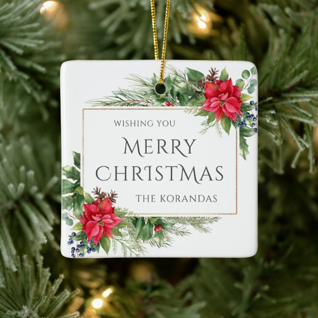 Red Floral Watercolor Christmas Holiday Ceramic Ornament (Tree)