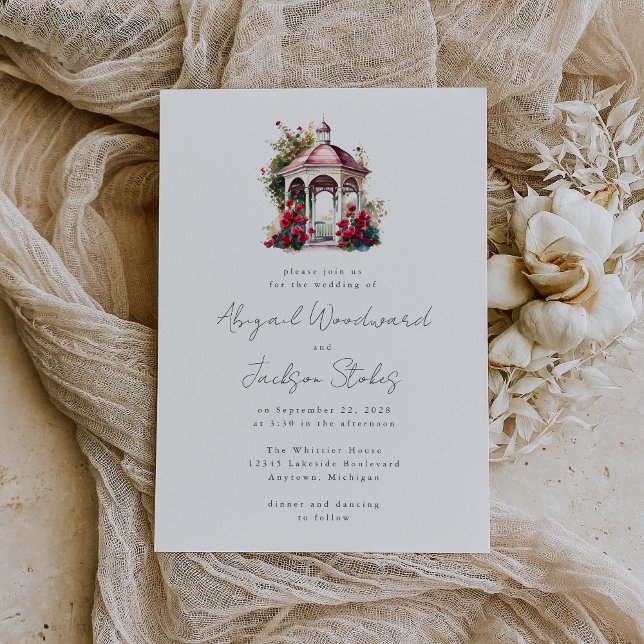 Red Floral Watercolor Gazebo Wedding Invitation (An ideal choice for an outdoor spring, summer or fall wedding.)