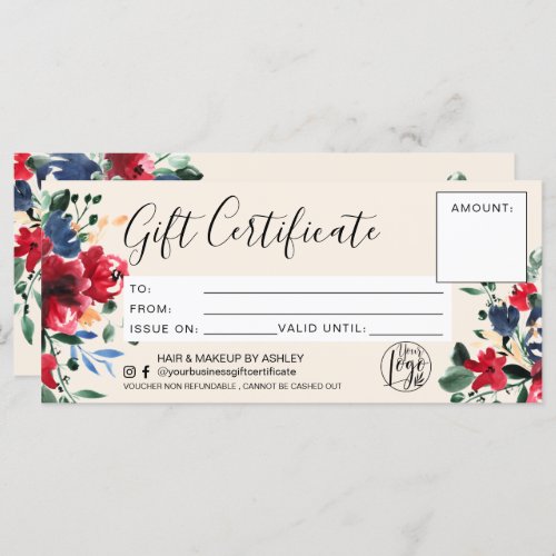 Red floral watercolor gift certificate logo ivory
