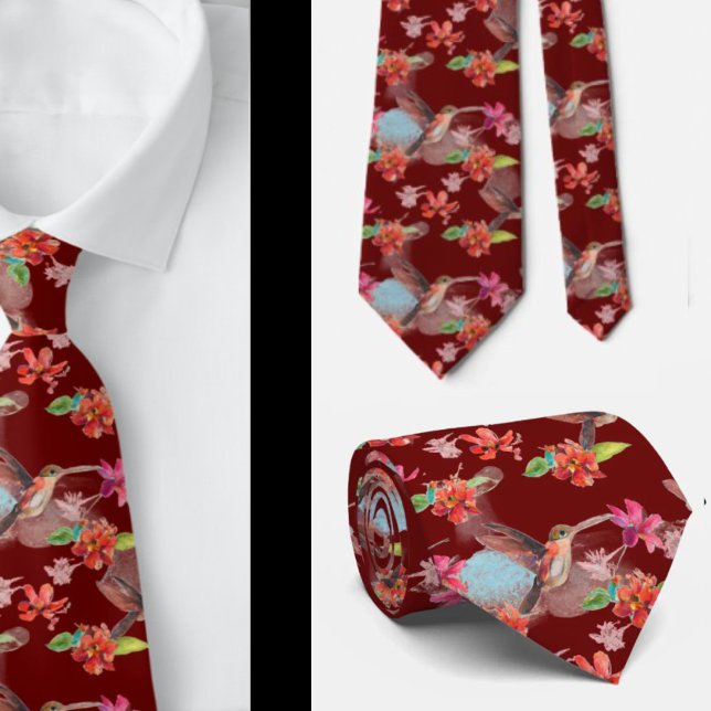 Red Floral Watercolor Hummingbird Flowers Neck Tie (Creator Uploaded)