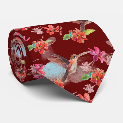 Red Floral Watercolor Hummingbird Flowers Neck Tie