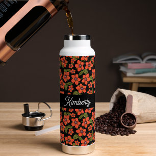 Red Floral Watercolor Monogram Name Water Bottle