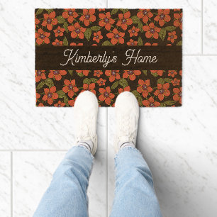 Red Floral Watercolor Name Fiber Doormat