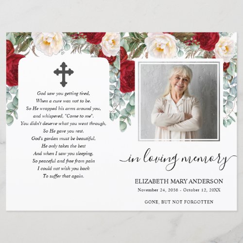 Red Floral Watercolor Photo Funeral Full Program