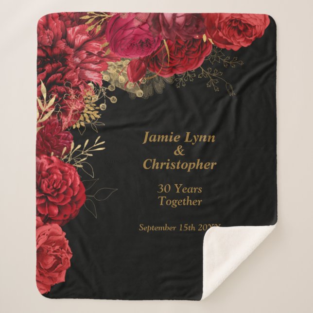Red Floral Wedding Anniversary Sherpa Blanket (Front)