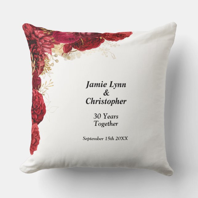 Red Floral Wedding Anniversary Throw Pillow (Front)