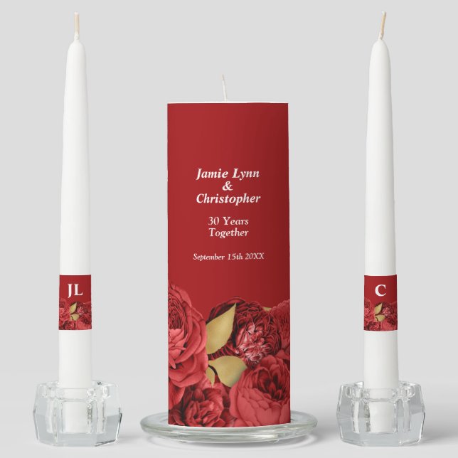 Red Floral Wedding Anniversary Unity Candle Set (Front)