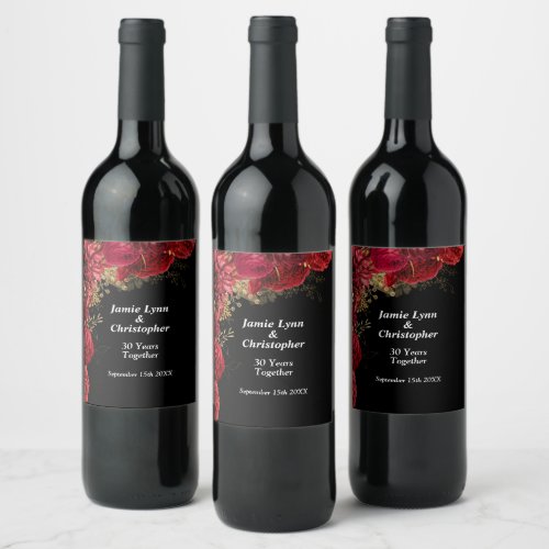 Red Floral Wedding Anniversary Wine Label