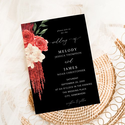 Red Floral Wedding _ Black Invitation