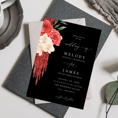 Red Floral Wedding _ Black V2 Invitation