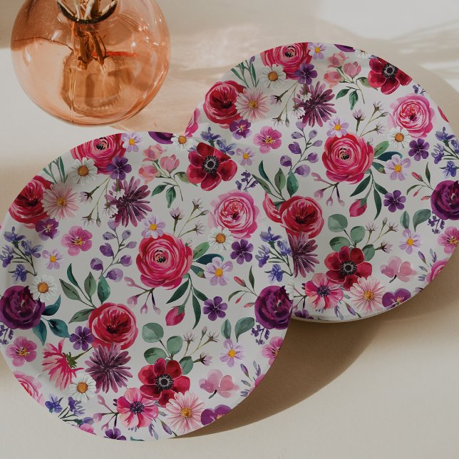 Red Floral Wedding Paper Plates (Red Floral Watercolor Wedding Paper Plates by Painted Paperie
)