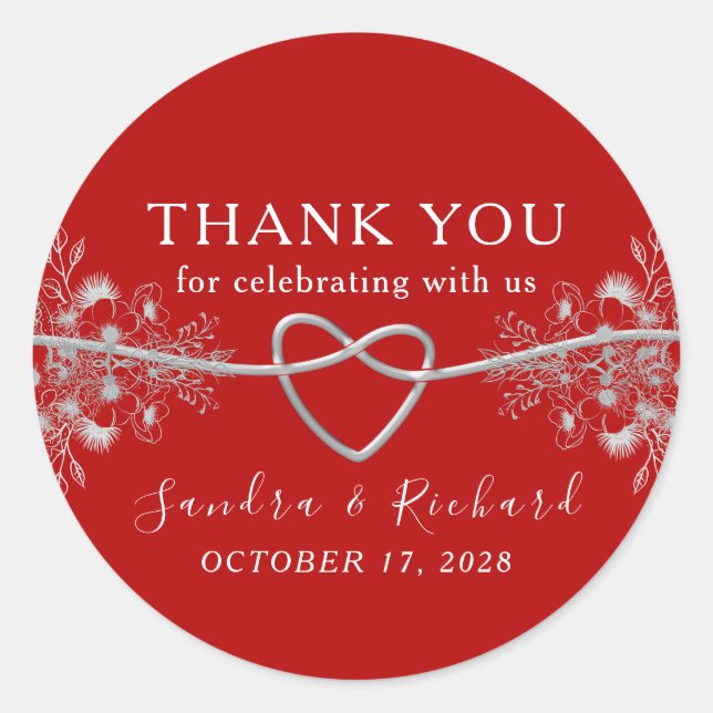 Red Floral Wedding Thank You Favor Classic Round Sticker (Front)