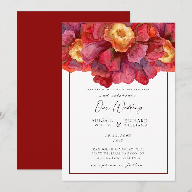Red Floral Wedding Tuscan  Bold and Vibrant  Invit Invitation (Front/Back)