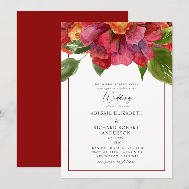 Red Floral Wedding Tuscan  Bold Parents Invitation (Front/Back)