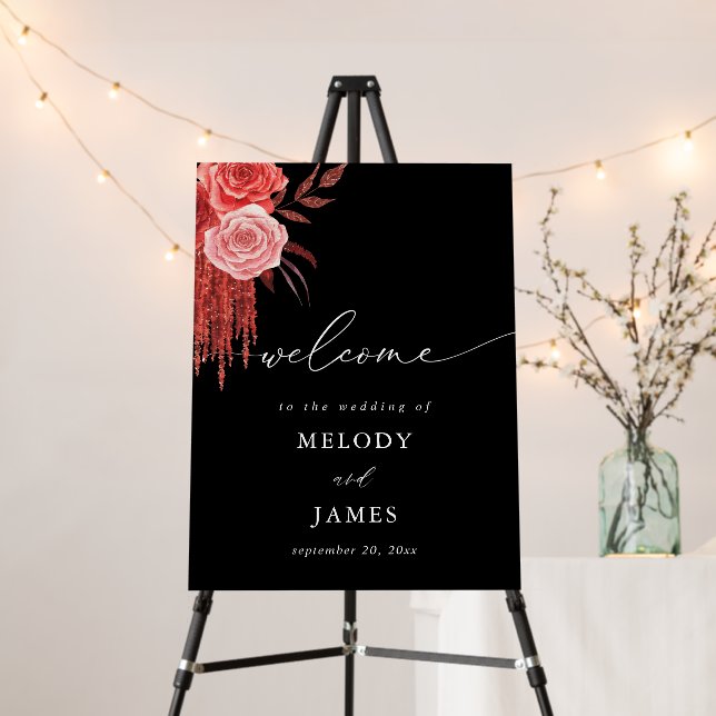 Red Floral Wedding Welcome - Black Foam Board (In Situ (Stand))