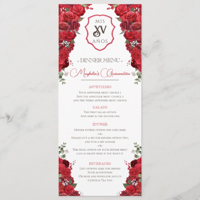 Red Floral Western Charro Quinceañera Party Menu (Front)