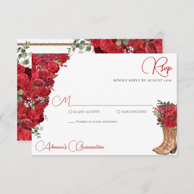 Red Floral Western Charro Quinceañera RSVP Card (Front/Back)