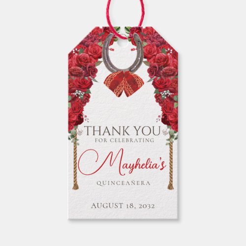 Red Floral Western Charro Quinceaera Thank You Gift Tags