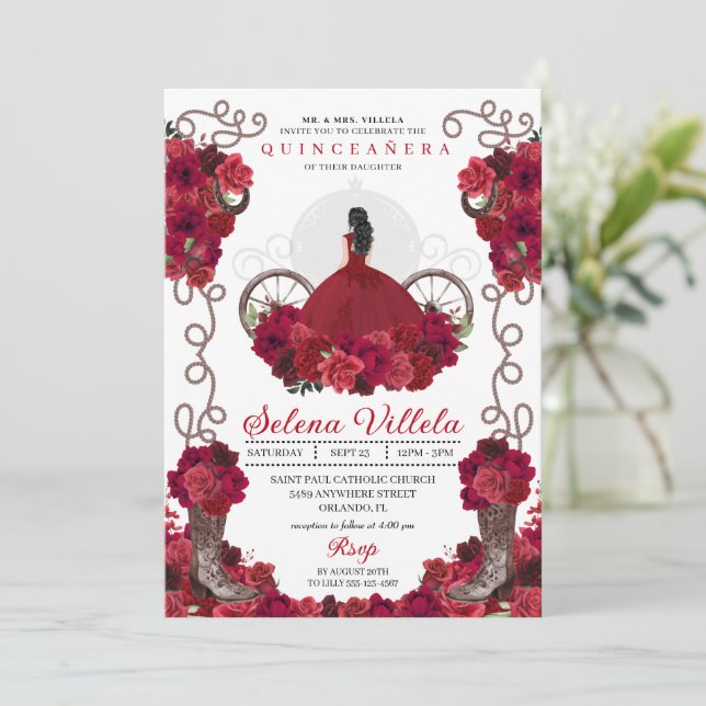 Red Floral Western Cowgirl Boots Quinceanera Invitation (Standing Front)